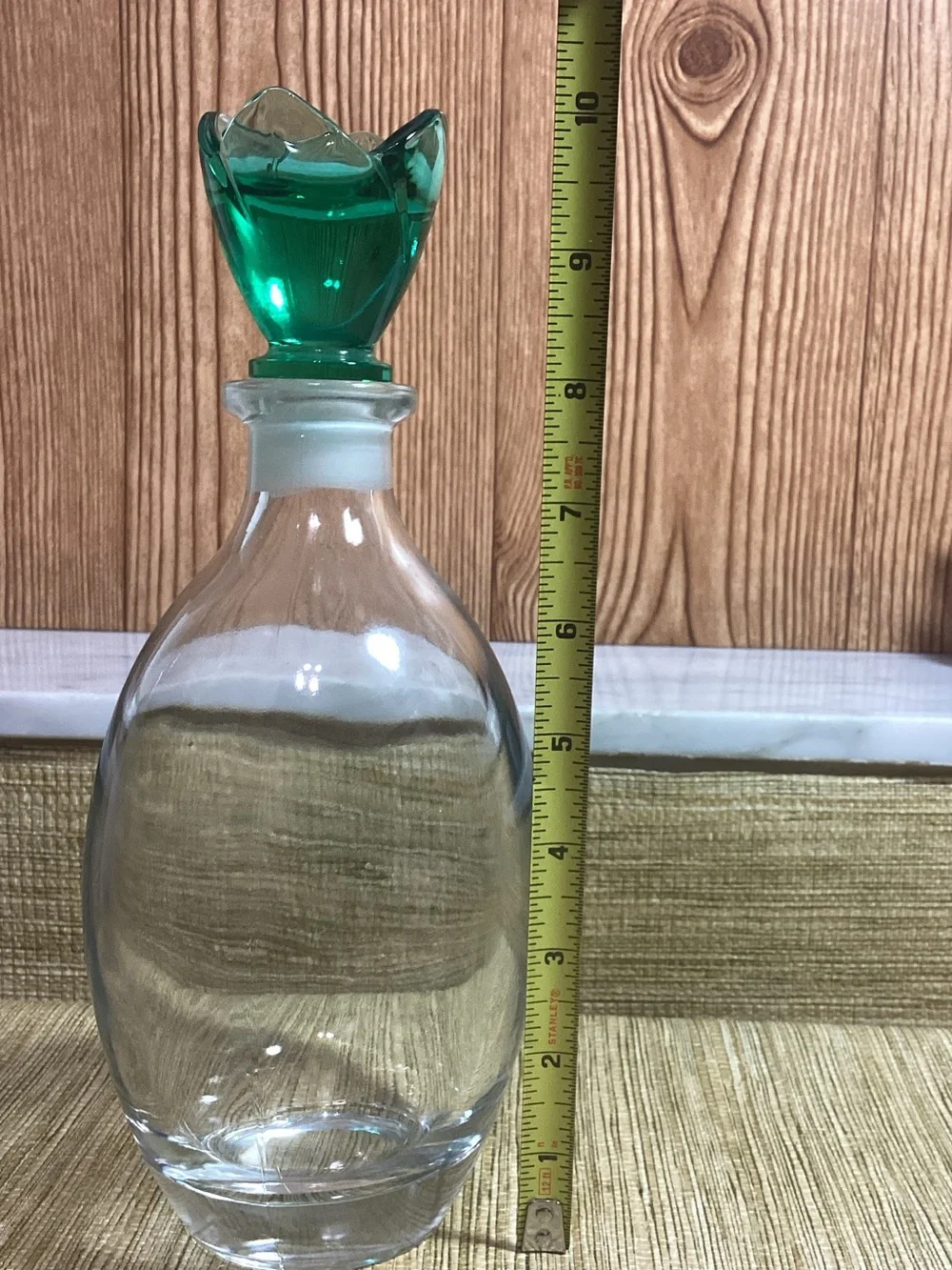 Green Glass Decanter with Green Tulip  Stopper - Decorative Bar Accessory